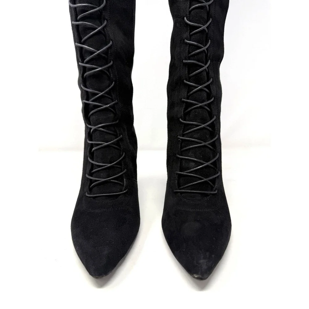 Stuart Weitzman Black Suede Lace Up Knee High Block Heel Boots 8M 51359